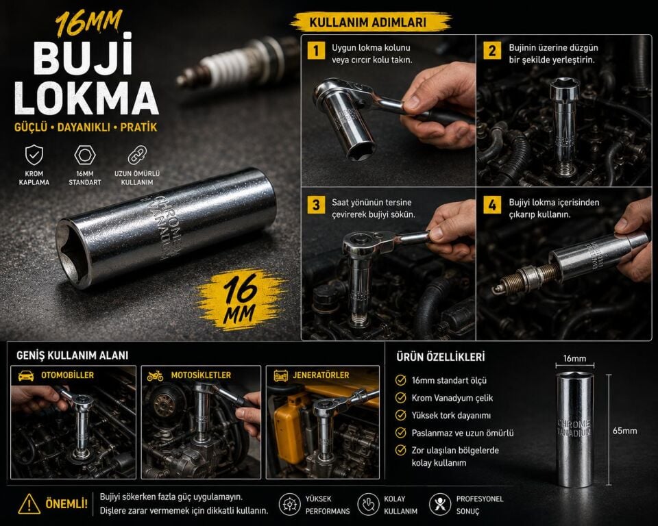 İzeltaş 1113 Buji Lokma Anahtar Lastikli Altı Köşe 1/2'' 16mm